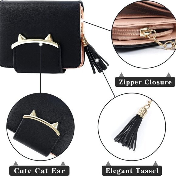 Small Black Wallet for Women Leather Cat Coin Purse Card Holder Gifts - Picture 3 of 7